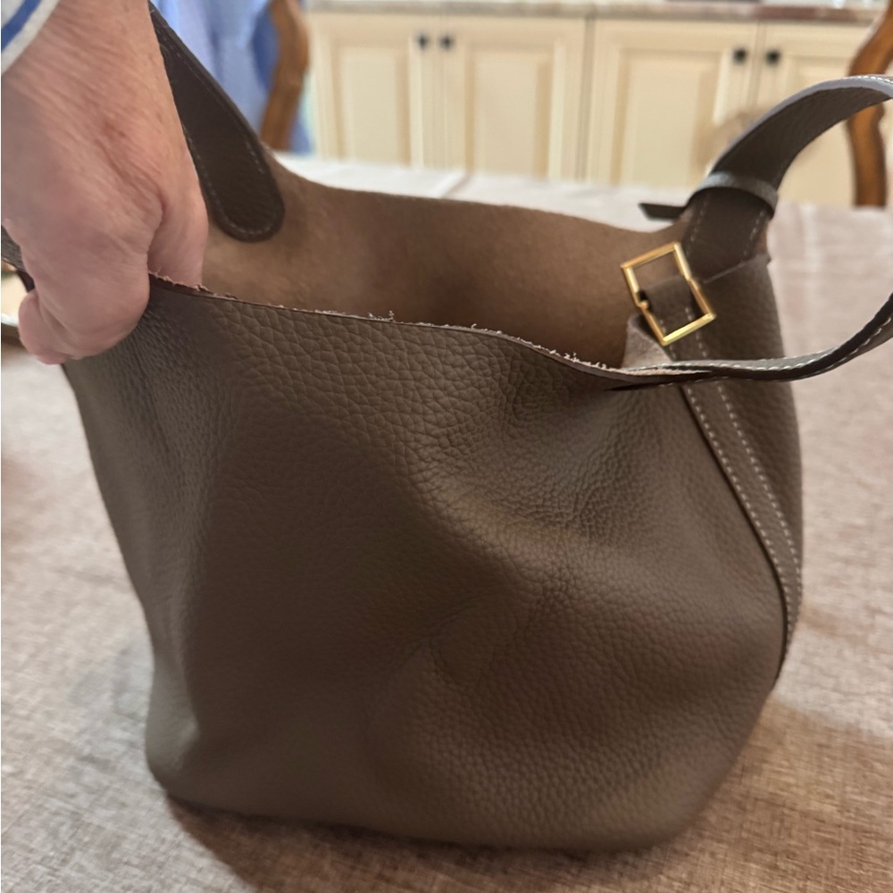 Gray/Brown Pebbled Leather Hobo Bag with Gold Buckle